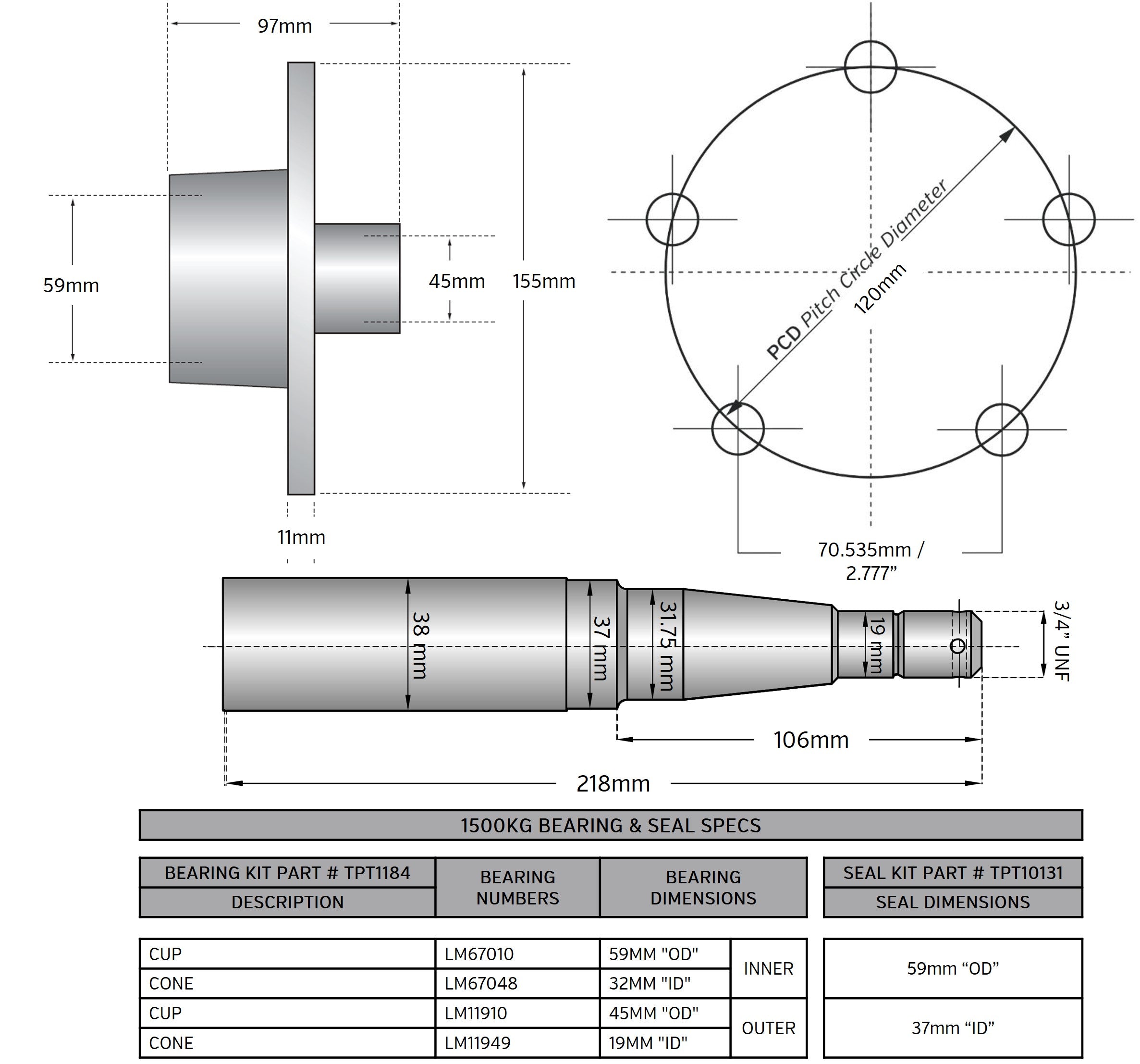 5 x 4.75"Hub/Stub set 1500kg, NSK bearings