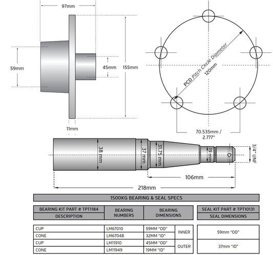 5 x 4.75"Hub/Stub set 1500kg, NSK bearings