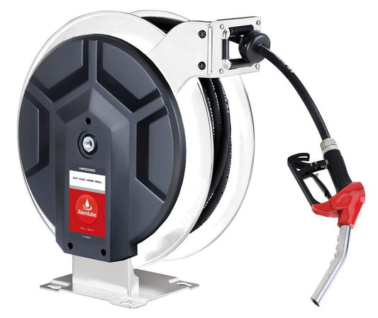 Spring Rewind Diesel Fuel Hose Reel, 10m x 19mm Hose, Auto Stop Nozzle